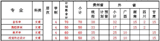 贵州工程应用技术学院2018年艺术类专业招生计划