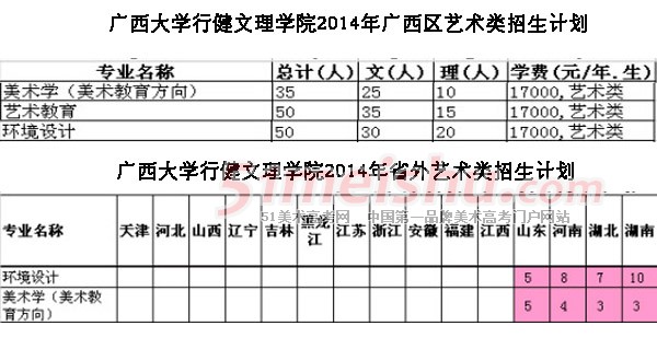 广西大学行健文理学院2014年艺术类分省分专业招生计划